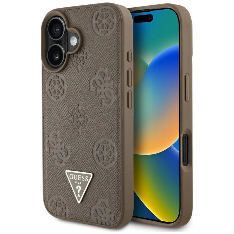 Funda MagSafe para Apple iPhone 16, Guess, Peony Grained Hot Stamp Triangle, Marrn