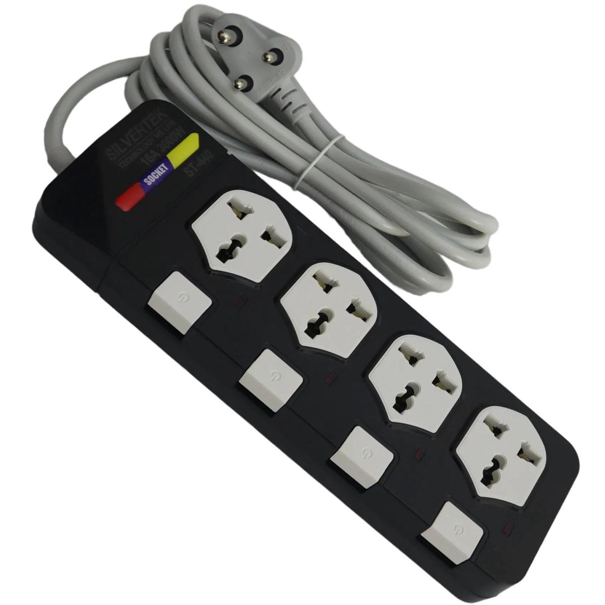 SILVERTEK ST-440 Surge Protector Power Strip Multiplug  4-Port, 16A, 3000W Max, 3-Pin Universal Socket, 3M Cable, Individual Switches